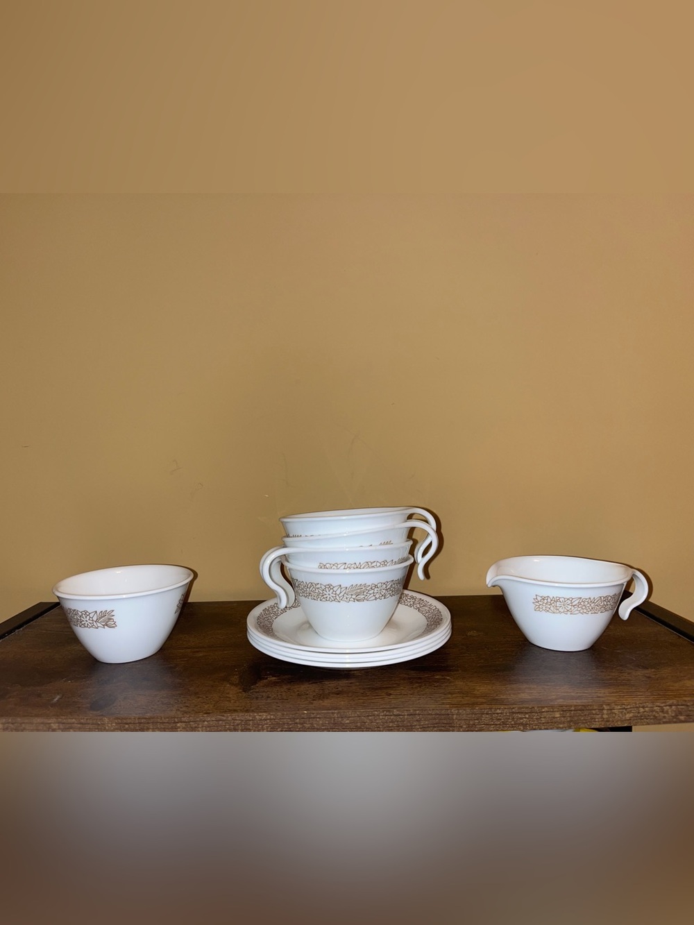 Vintage Corelle Woodland Hook Handle Milk Glass 4 Teacups, Saucers, Cream, Sugar
